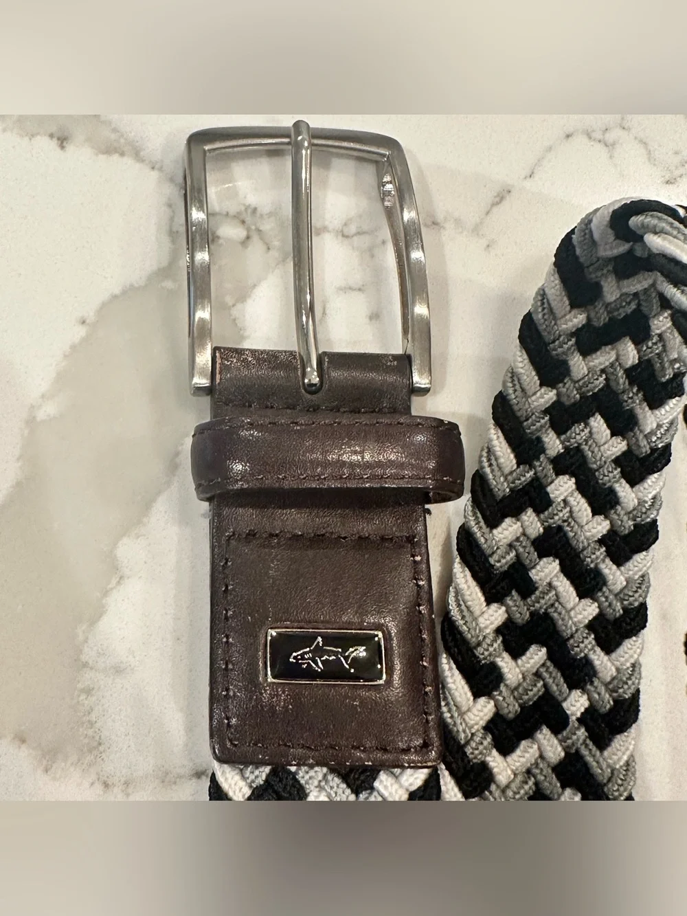 Greg Norman Braided Stretch Golf Belt 44 Black White Gray Herringbone Leather